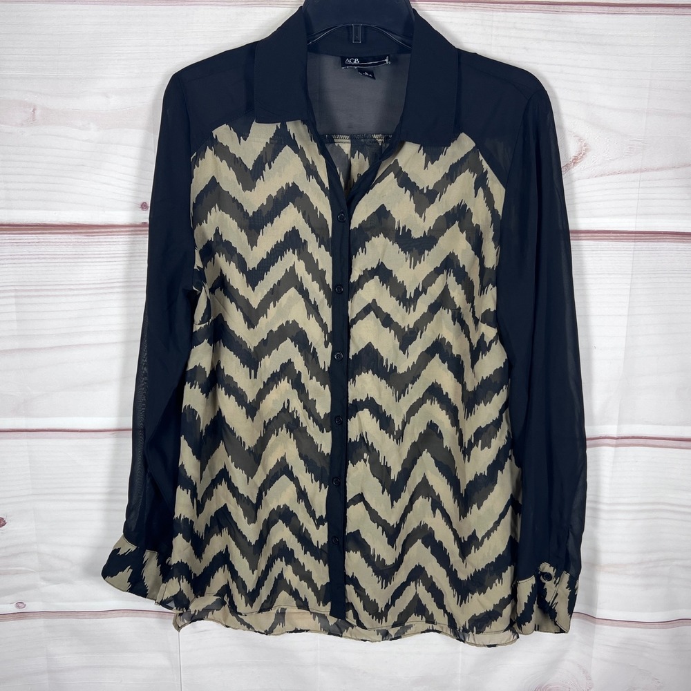 AGB Button Down Shirt Womens L Black Tan Chevron Sheer Long Sleeve Blouse Top